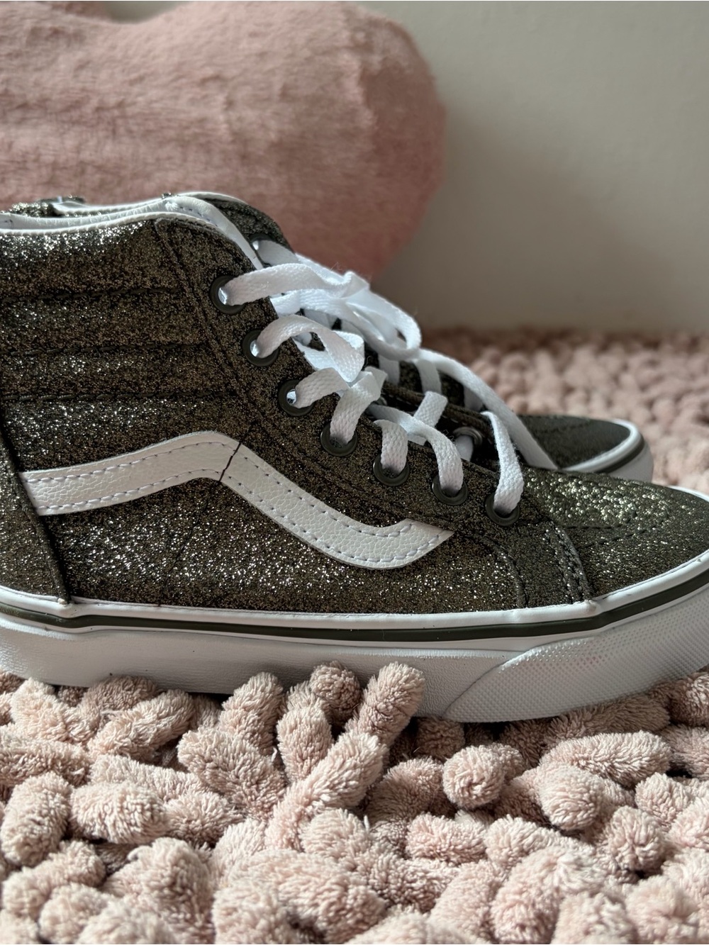 Vans Kids Glitter High-Top Sneakers in Olive Green with White Stripe